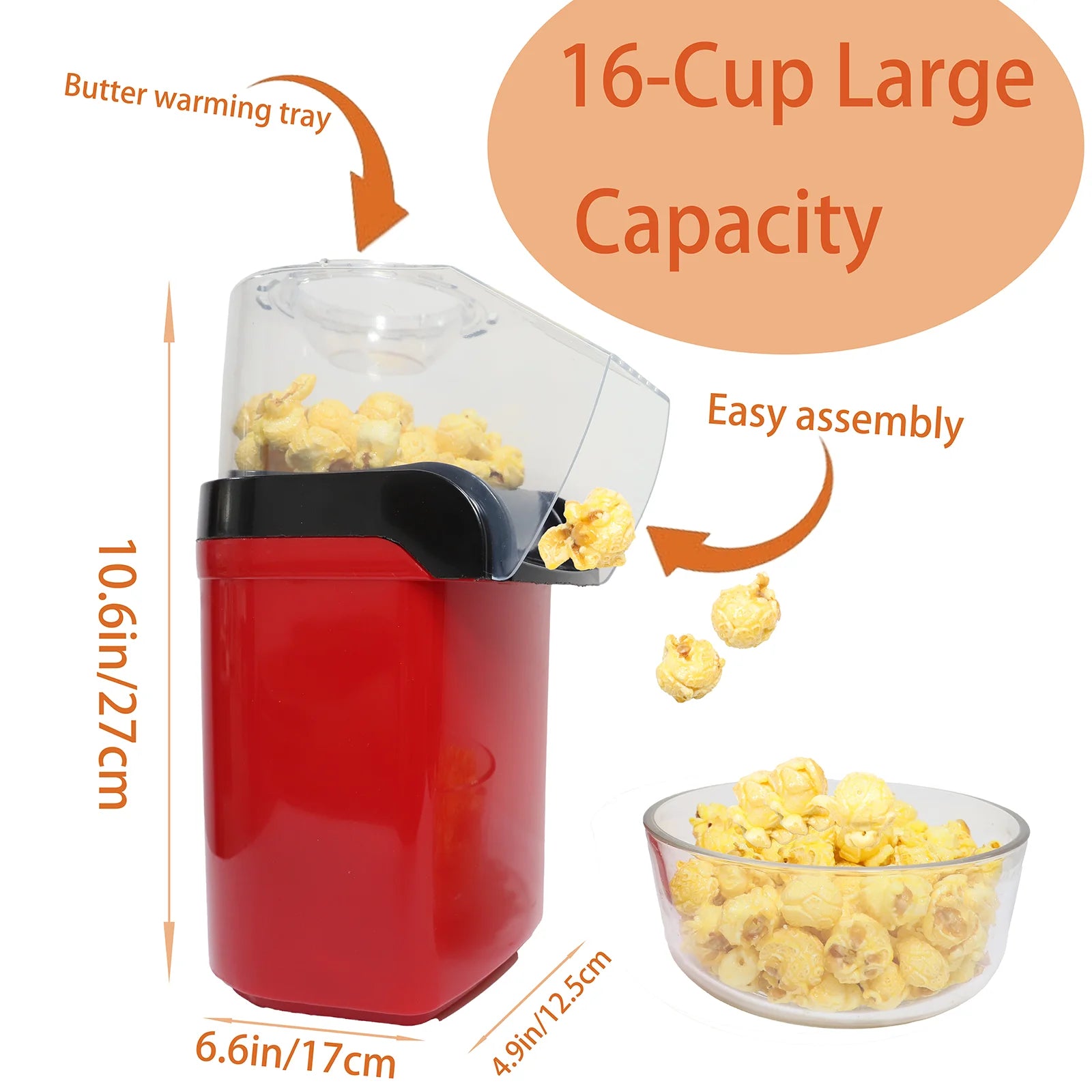 Hot Air Popcorn Machine, No Oil Popcorn Maker, 95% Popping Rate