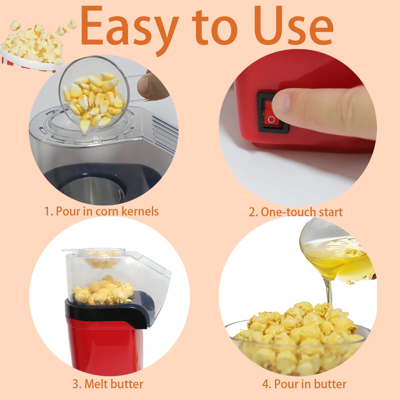 Hot Air Popcorn Machine, No Oil Popcorn Maker, 95% Popping Rate